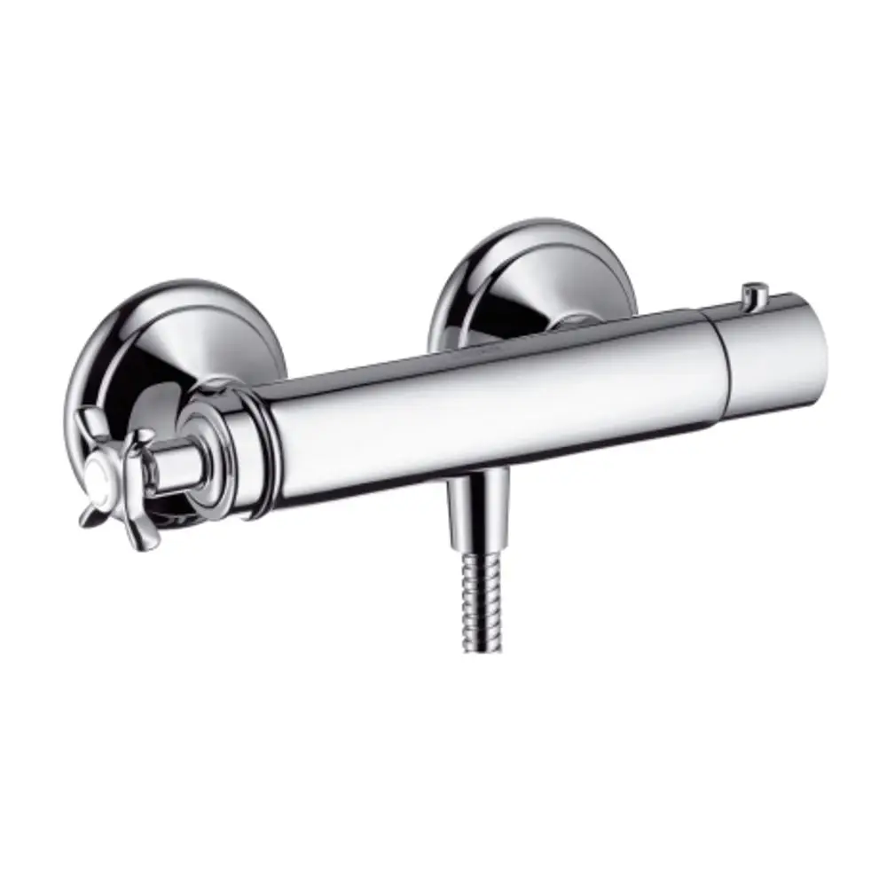 Brausethermostat in Chrom von AXOR mit zwei Kreuzgriffen zur Temperatur- und Wassermengenregulierung, montiert auf einer Wand.